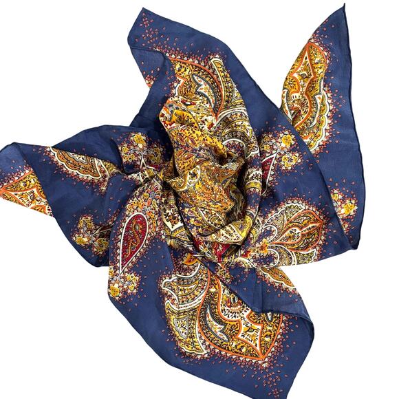 Vintage Silk Scarf Large Square paisley print blue gold red orange dramatic chic - Picture 2 of 7